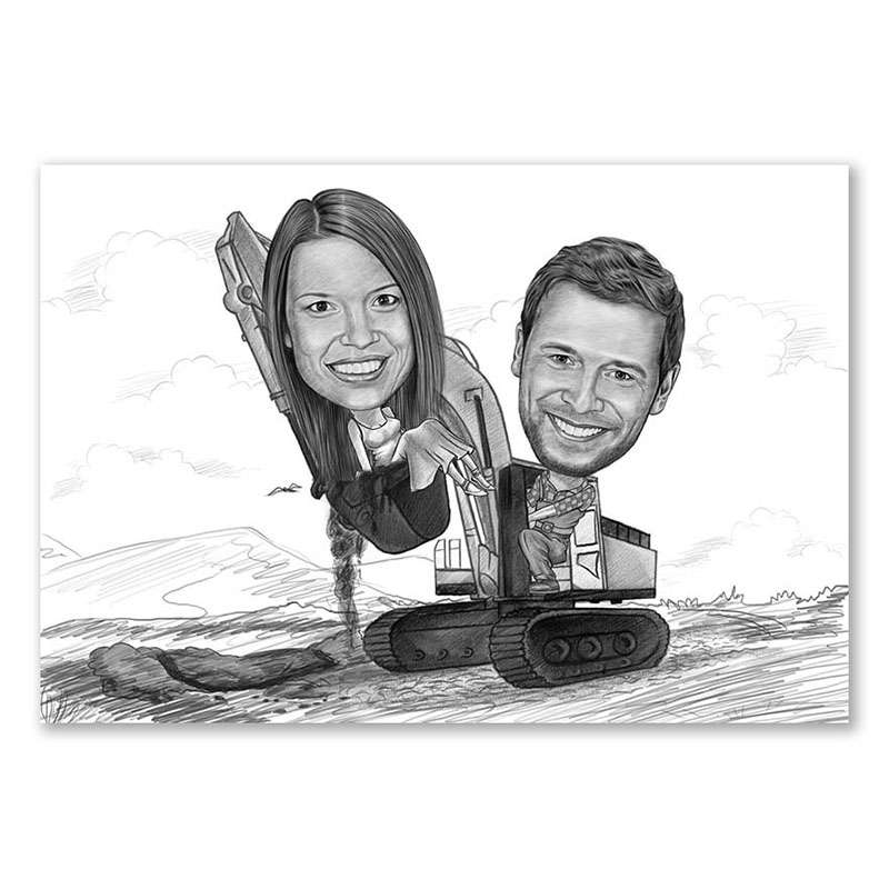 Karikatur vom Foto - Liebe geht �ber Baggerschaufel Zeichnung (ca816pen)