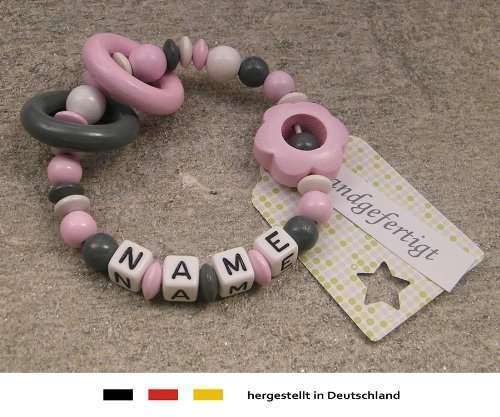 Baby Greifling Beißring geschlossen mit Namen | individuelles Holz Lernspielzeug als Geschenk zur Geburt & Taufe | Mädchen Motiv Blume in rosa