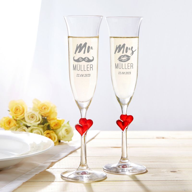 Sektglas mit Gravur Mr & Mrs - Rotes Herz - 2er Set - personalisiert