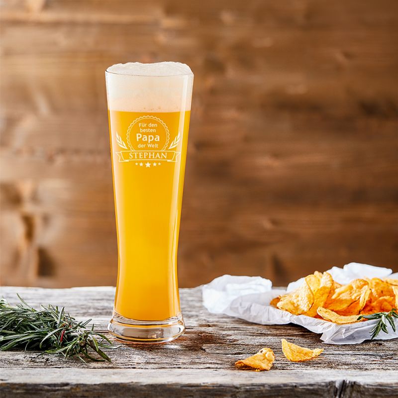 Weizenglas mit Gravur - Bester Papa - Motiv Eichenblätter