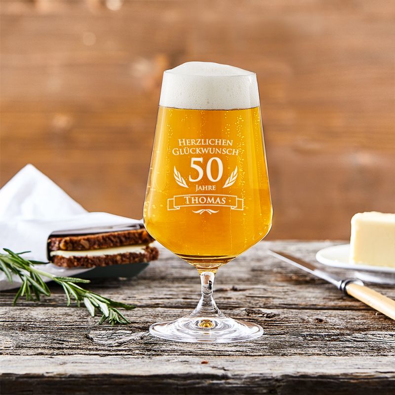 Bierglas mit Gravur - 50. Geburtstag - Pilstulpe personalisiert