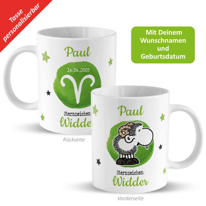 Tasse mit Sternzeichen »Widder«, mit Namen und Geburtsdatum, weiß, personalisiert