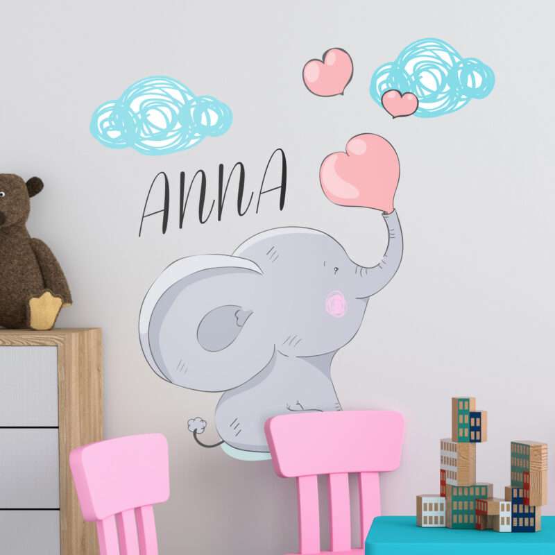 Personalisierter Elefant mit Herzen Wandaufkleber