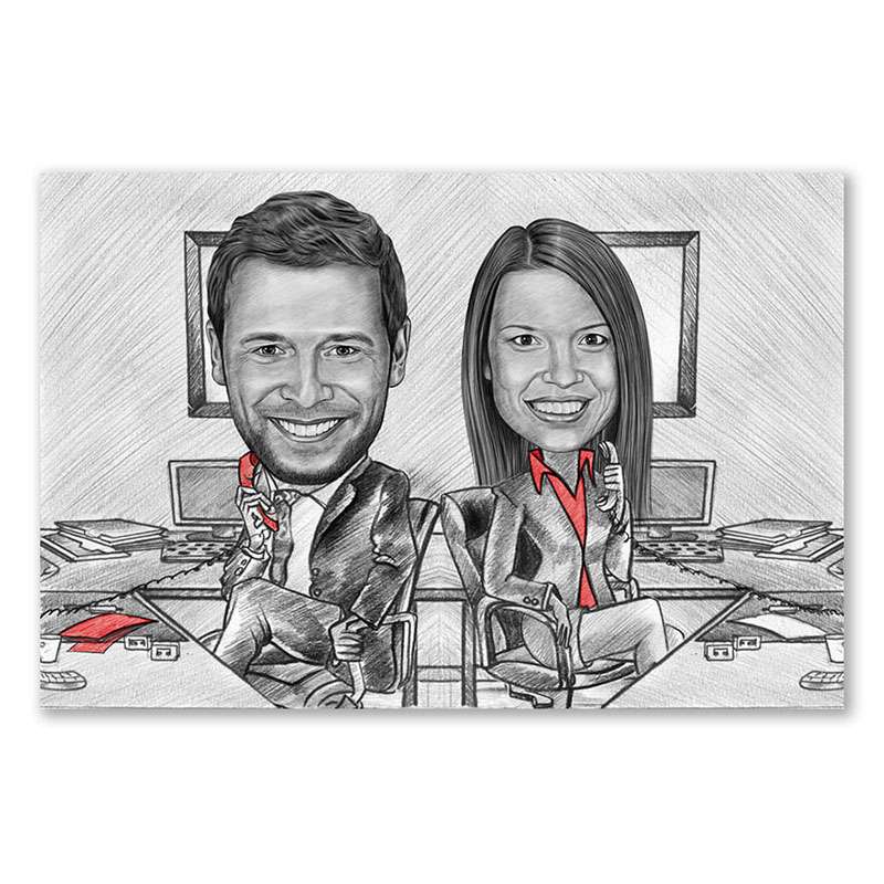 Karikatur vom Foto - Manager busy Paar mit Zeichnung mit rot (ca357couple-pen-red)