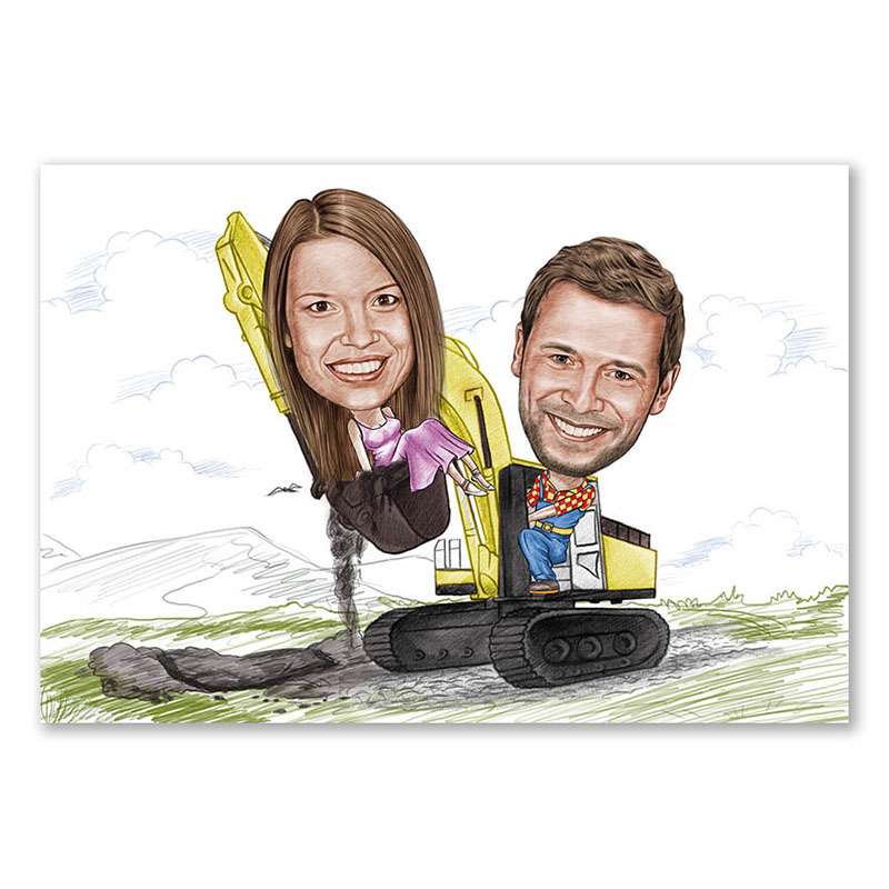 Karikatur vom Foto - Liebe geht �ber Baggerschaufel Zeichnung farbig (ca816pen-color)