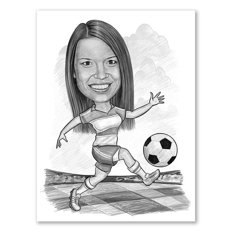 Karikatur vom Foto - Fussball weiss rot (andere Vereins-Shirts mgl.) Frau Zeichnung  (ca309woman-pen)