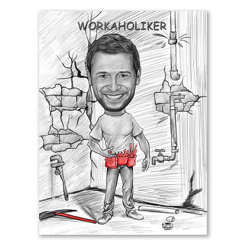 Karikatur vom Foto - Workaholic Zeichnung mit rot (ca758pen-red)