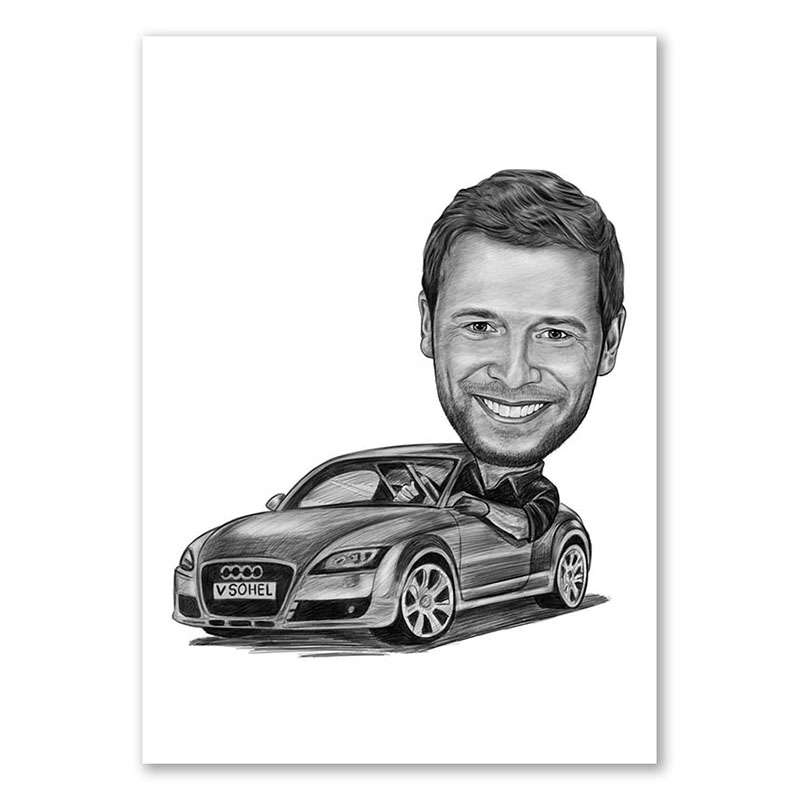 Karikatur vom Foto - Mann im Audi (ca2941pen)