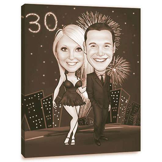 Karikatur vom Foto - Geburtstag Feuerwerk Paar sepia (ca304couplese)