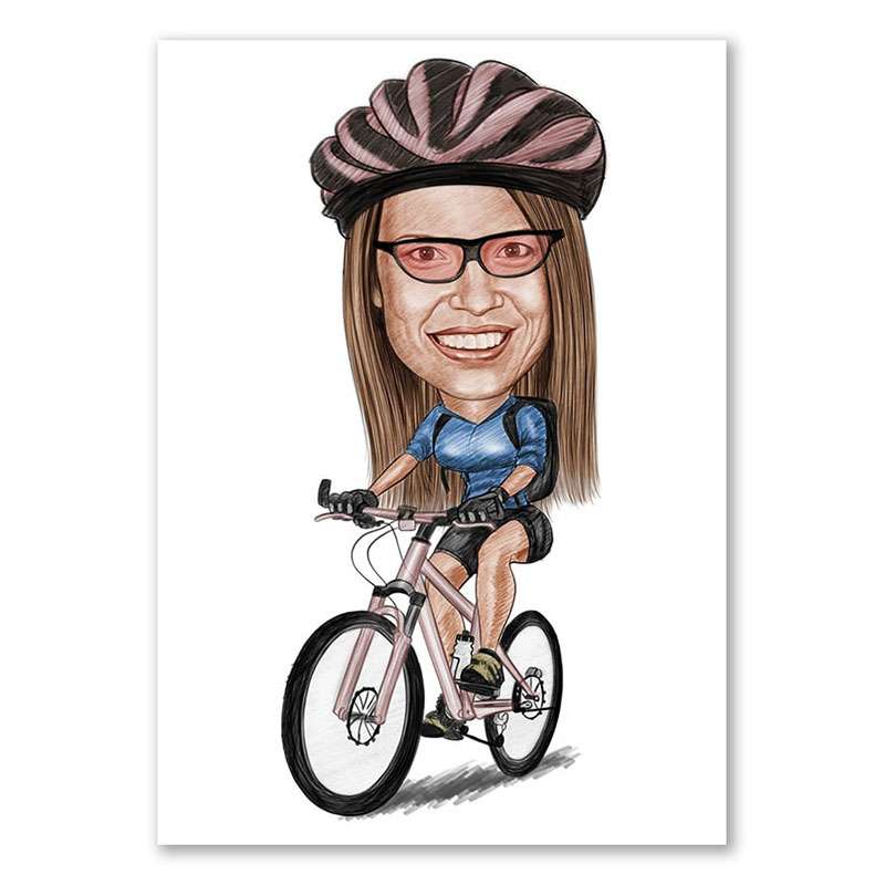 Karikatur vom Foto - Sportliche Mountainbikerin Zeichnung mit rot (ca908woman-color)